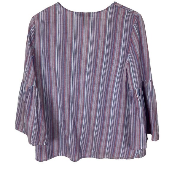 BCBG Maxazria Top Womens Small Blue Red Stripe Flare Sleeve Boho Blouse - Picture 5 of 5